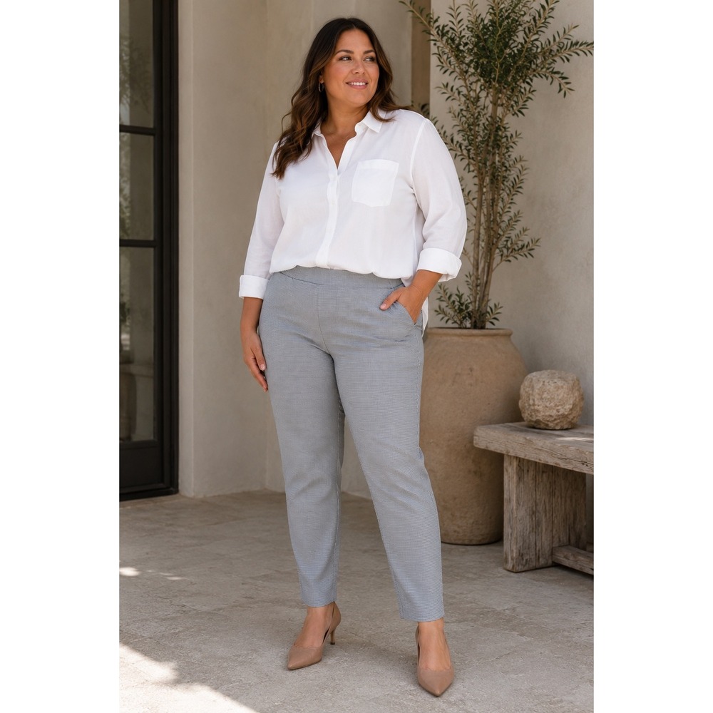 Banana Republic Hayden Pull-On Ankle Pants Sz 14 Gray Micro Houndstooth Stretch